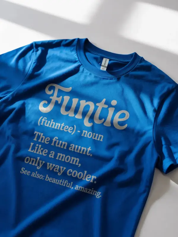Royal blue lifestyle image funtie shirt fun aunt t-shirt gift