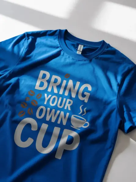 Royal blue front shirt with coffee bean design, bring your own cup t-shirt