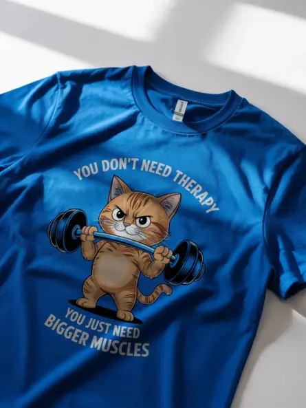 Lifestyle scene with royal blue tee in gym setting, funny cat gym t-shirt