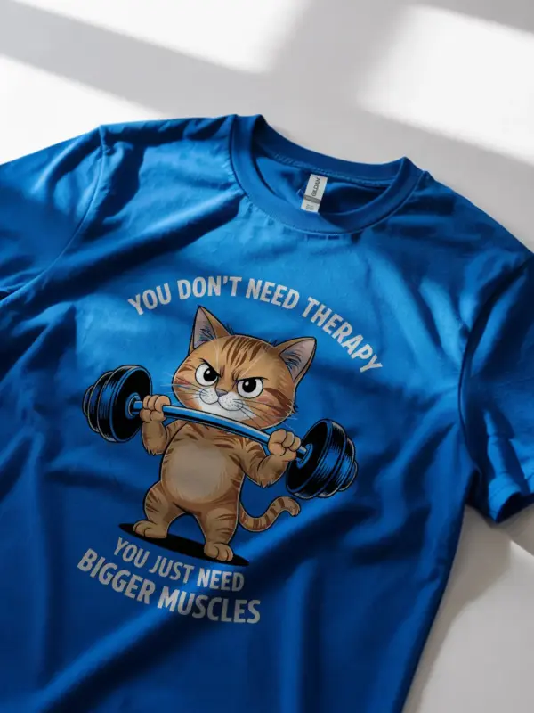 Lifestyle scene with royal blue tee in gym setting, funny cat gym t-shirt