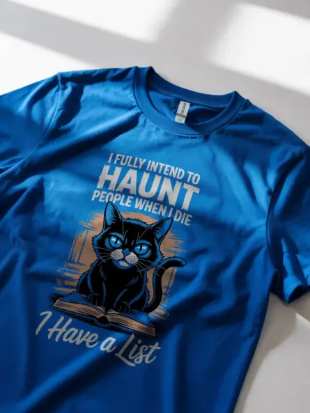 Royal Blue Shirt with gothic cat aesthetic, funny haunted cat t-shirt, lifestyle view