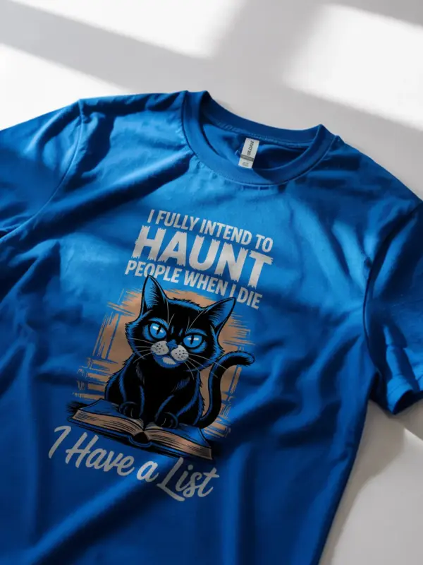 Royal Blue Shirt with gothic cat aesthetic, funny haunted cat t-shirt, lifestyle view