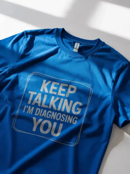 Royal Blue Shirt styled casually, funny psychologist t-shirt, lifestyle image