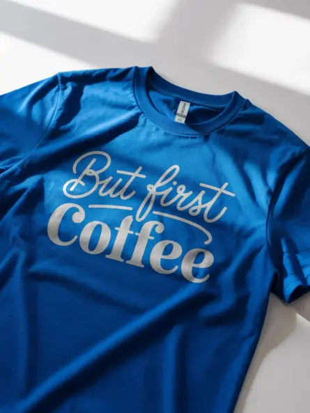 Lifestyle photo of royal blue but first coffee shirt