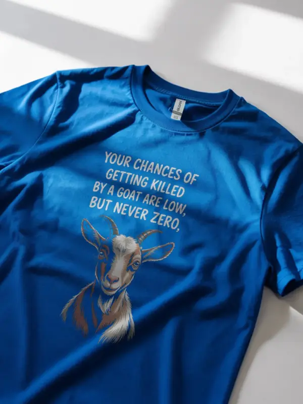 Royal Blue lifestyle shot – funny goat meme t-shirt with minimalist goat design