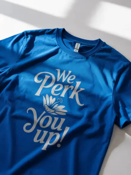 Royal Blue Shirt "We PERK You Up!" perk up coffee t-shirt lifestyle shot