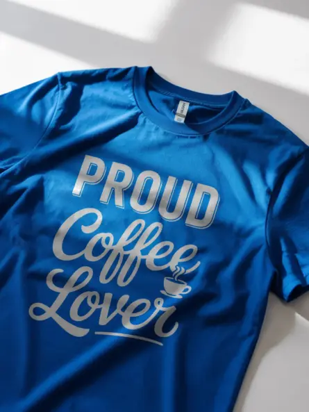 Royal Blue tee – proud coffee lover t-shirt in script