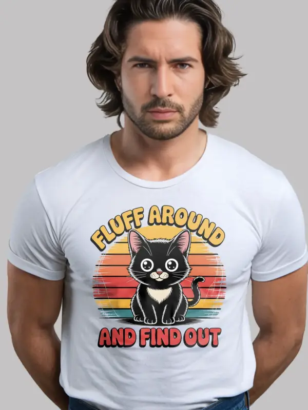 white front view fluff around vintage funny cat shirt for women