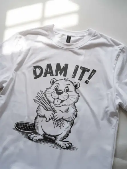 Lifestyle image wearing white dam it beaver t-shirt for pun lovers