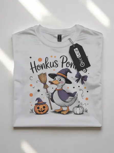 white flatlay honkus ponkus duck halloween t-shirt front view