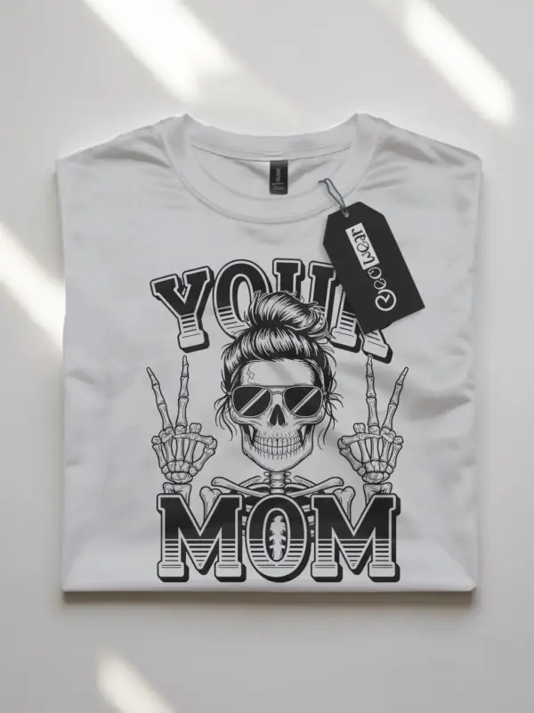 white flatlay front view your mom punk skeleton mom t-shirt