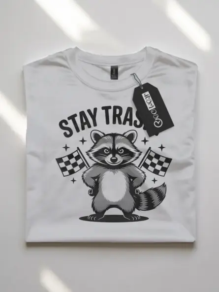 Front view white flatlay Stay Trashy Raccoon Shirt stay trashy raccoon shirt