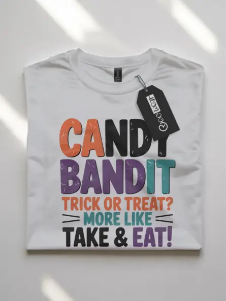 white flatlay Shirt Front View – Candy Bandit – candy bandit kids Halloween t-shirt