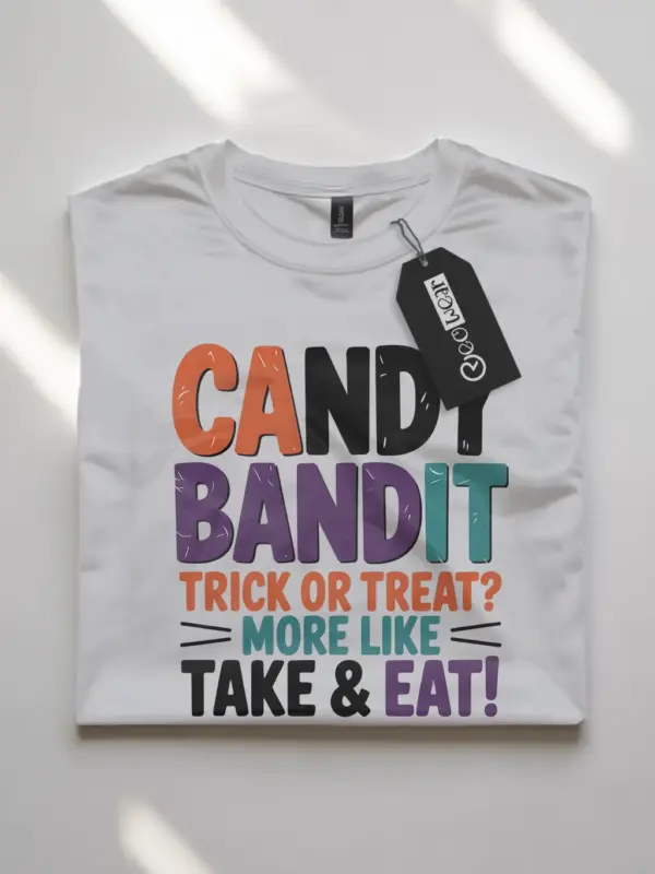 white flatlay Shirt Front View – Candy Bandit – candy bandit kids Halloween t-shirt