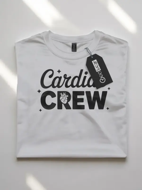 white cardiac crew shirt front view anatomical heart tee