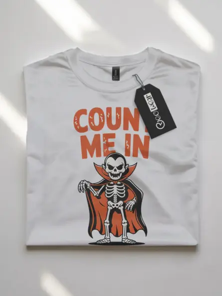white flatlay Shirt Front View – Count Me In – funny vampire skeleton t-shirt