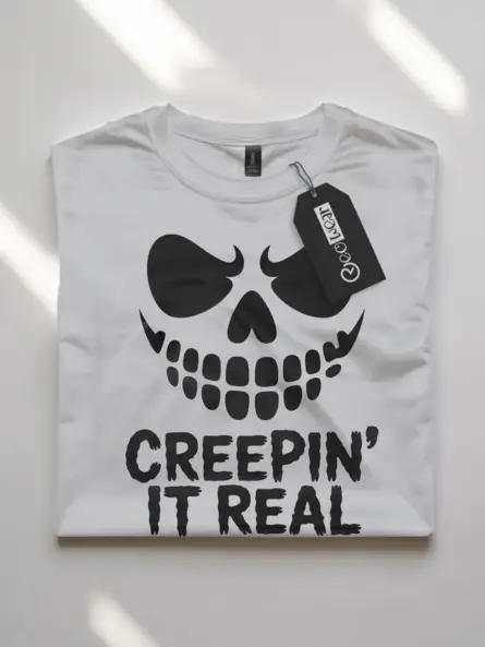 white flatlay Front view Creepin It Real Halloween T-Shirt stencil design