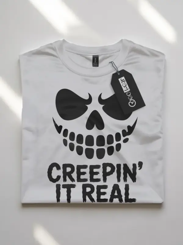 white flatlay Front view Creepin It Real Halloween T-Shirt stencil design