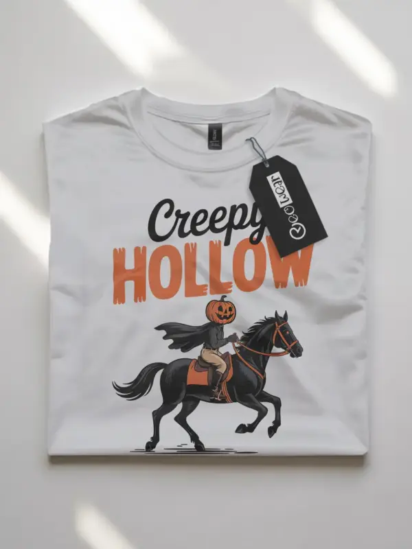 white flatlay front – spooky season vintage headless horseman t-shirt