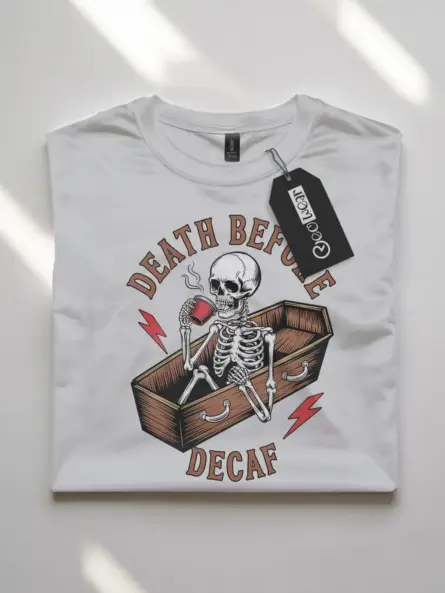 white flatlay front view – Bold Skeleton Coffee Shirt – death before decaf vintage t-shirt