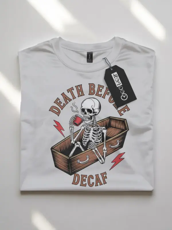 white flatlay front view – Bold Skeleton Coffee Shirt – death before decaf vintage t-shirt