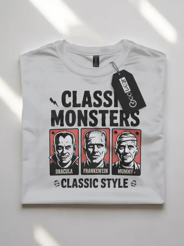 white flatlay Front view Classic Monsters Vintage Horror T-Shirt comic print