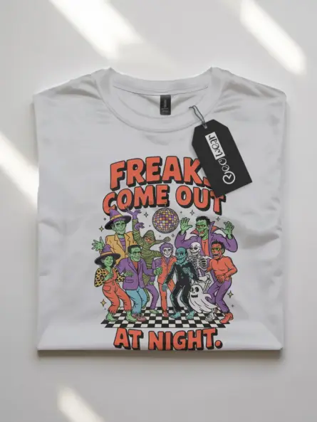 white flatlay front – Groovy Monster Halloween Tee – freaks come out at night halloween t-shirt