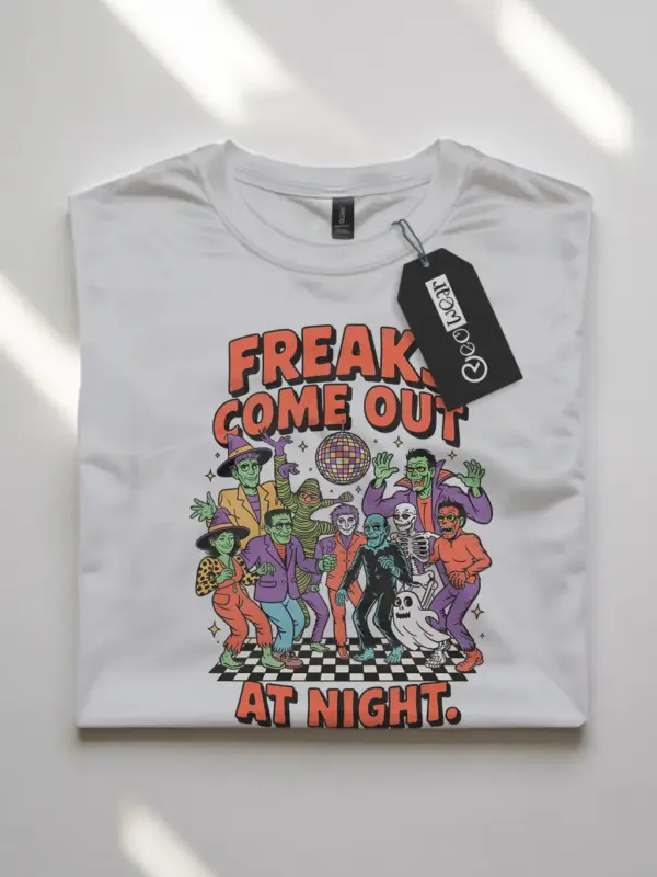 white flatlay front – Groovy Monster Halloween Tee – freaks come out at night halloween t-shirt