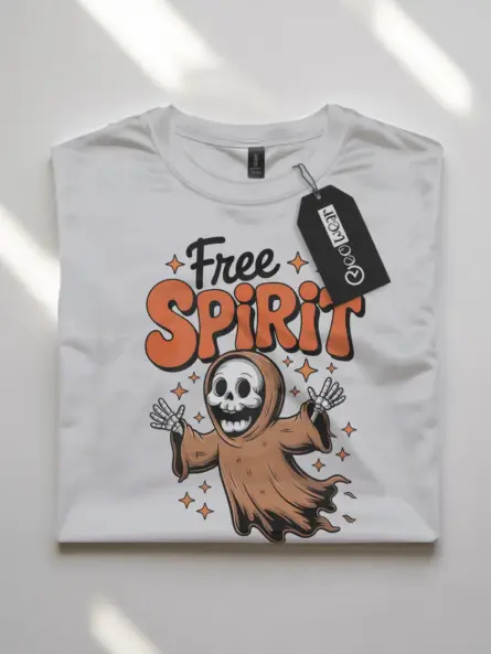 white flatlay front – vintage Free Spirit boho ghost Halloween t-shirt