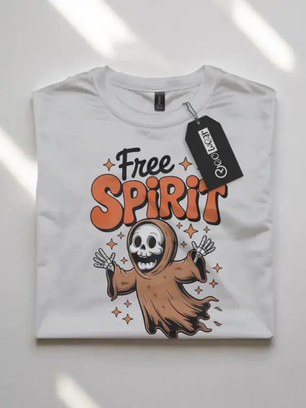 white flatlay front – vintage Free Spirit boho ghost Halloween t-shirt