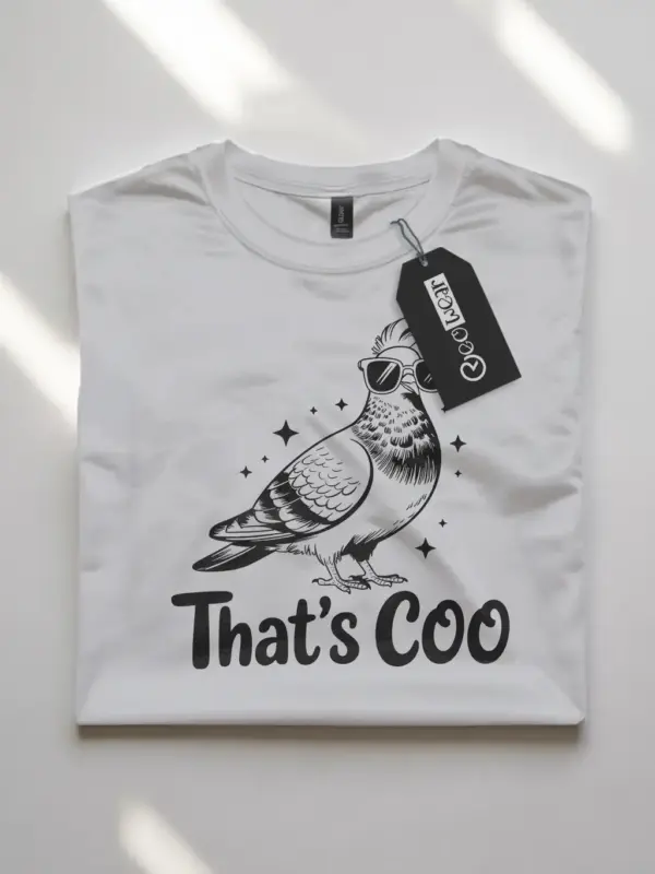 white flatlay That’s Coo pigeon design – funny pigeon t-shirt