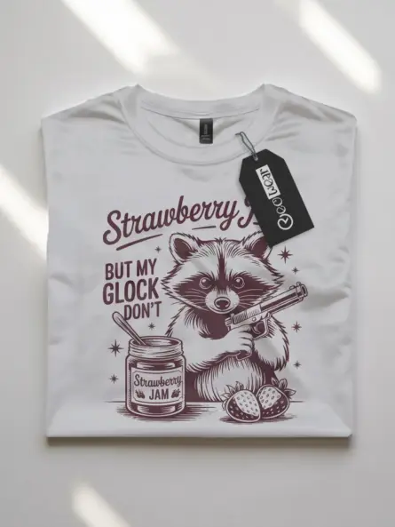 white flatlay Sweet But Will Throw Hands Shirt front print of raccoon