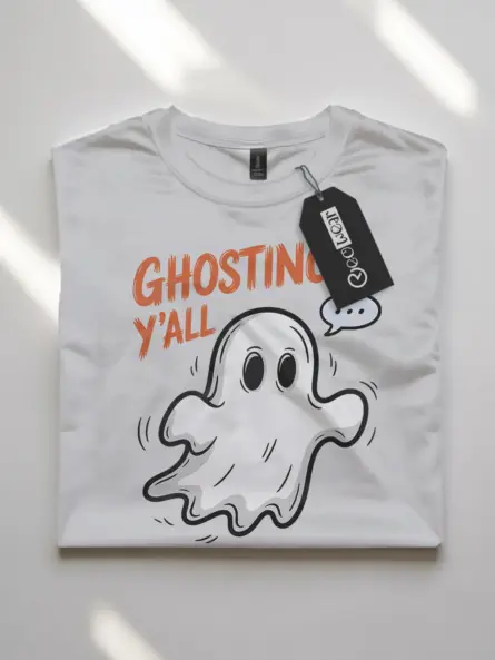 white front – playful ghost shirt with “Ghosting Y’all” phrase