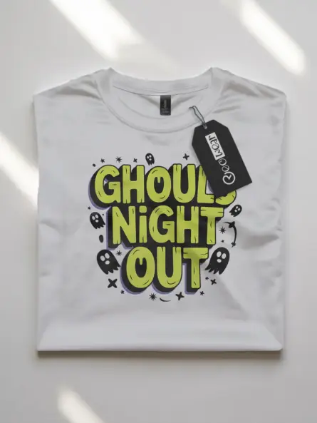 white flatlay Ghouls Night Out Halloween T-Shirt cute lettering