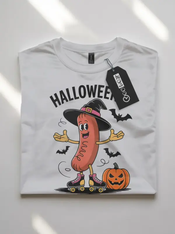 white flatlay front – Playful Cartoon Halloween Tee – halloweenie hot dog t-shirt