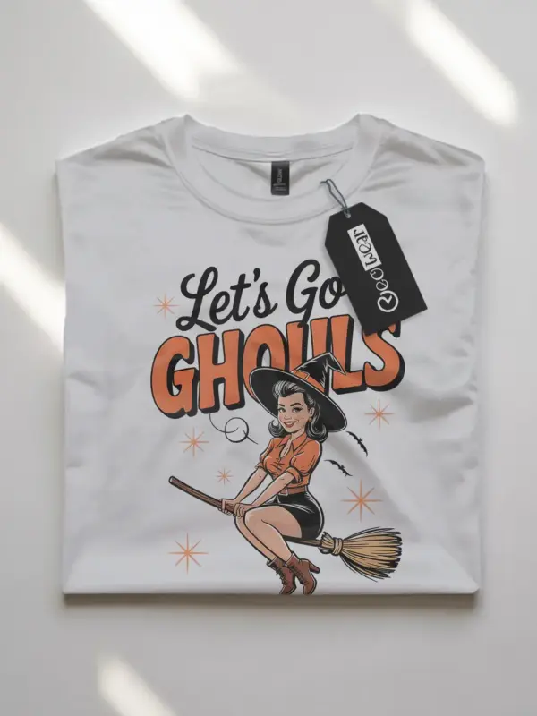 white flatlay front – playful witch broomstick tee in