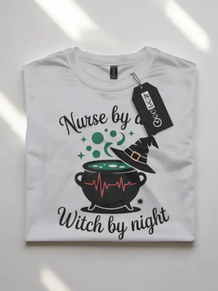 white flatlay front view nurse by day witch by night t-shirt witchcore nurse design