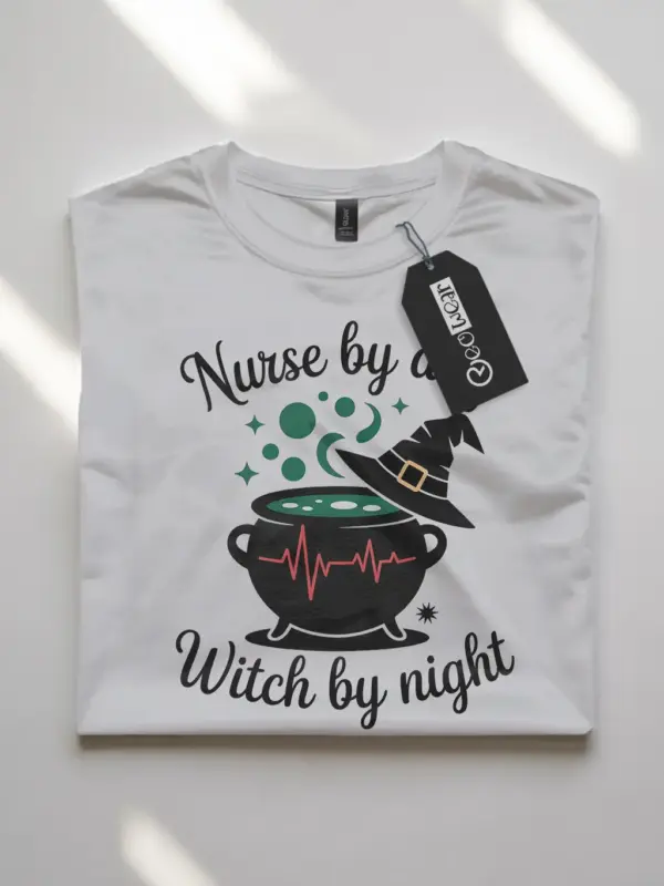 white flatlay front view nurse by day witch by night t-shirt witchcore nurse design