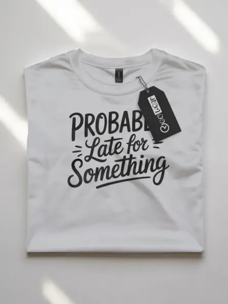 white flatlay front view probably late for something t-shirt gift idea