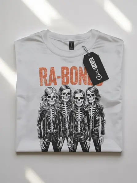 front – RA-BONES vintage skeleton band t-shirt white flatlay