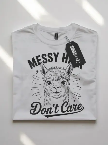 white flatlay alpaca tee with messy hair dont care text