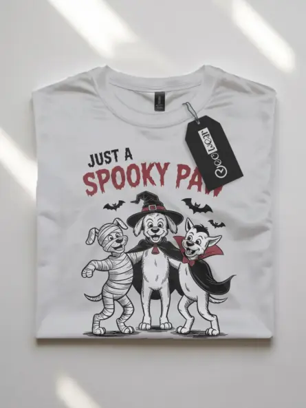 white flatlay front – Halloween dog lover shirt with Spooky Paw phrase