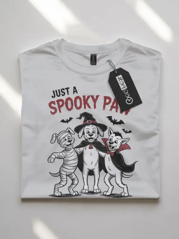 white flatlay front – Halloween dog lover shirt with Spooky Paw phrase