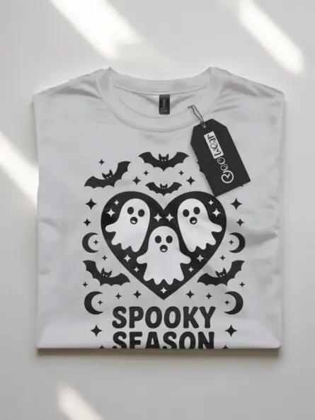 white flatlay view – spooky heart shirt for Halloween – spooky season ghost shirt