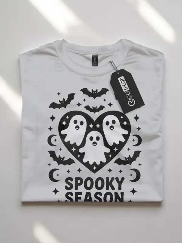 white flatlay view – spooky heart shirt for Halloween – spooky season ghost shirt