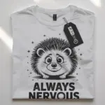 white flatlay Front view of royal blue tee, always nervous hedgehog t-shirt for introverts