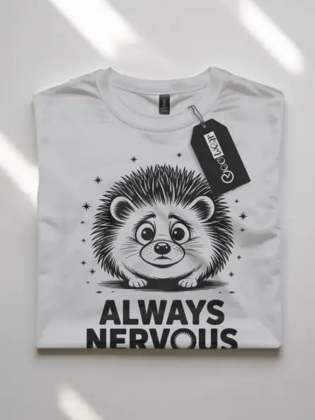 white flatlay Front view of royal blue tee, always nervous hedgehog t-shirt for introverts