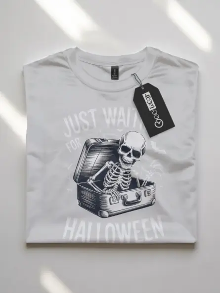 white flatlay vintage suitcase skeleton spooky skeleton waiting for Halloween t-shirt