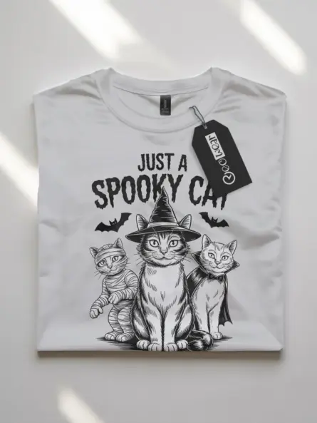 white flatlay front – vintage Just a Spooky Cat graphic on Halloween t-shirt
