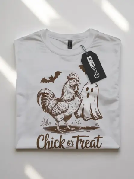 white flatlay chicken ghost Halloween shirt front view